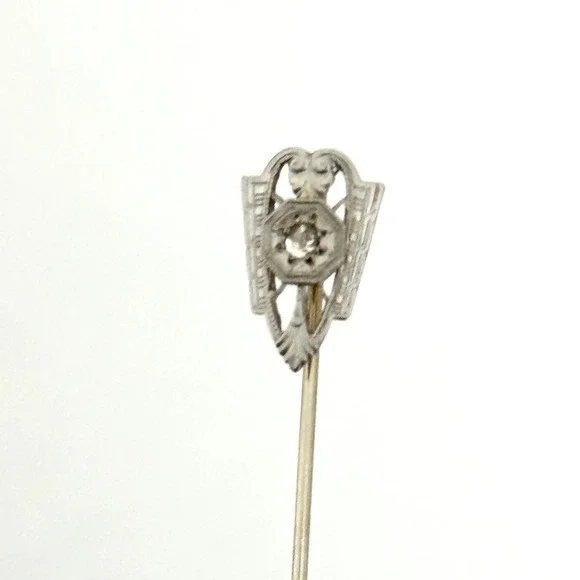 Antique 14K Solid Gold & Platinum Face Diamond Stick Pin 2.5" - Picture 5 of 15
